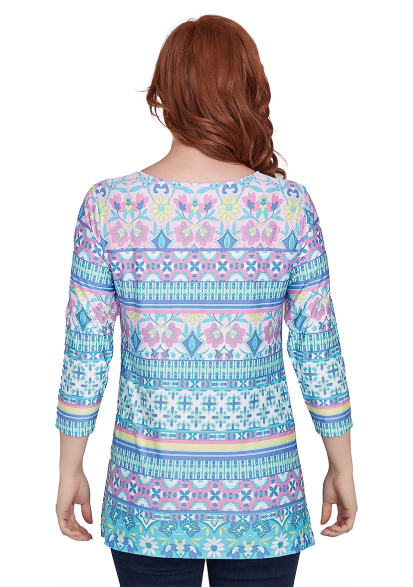 Womens Scoop Neck Stripe Garden Floral Printed SharkBite Knit Top