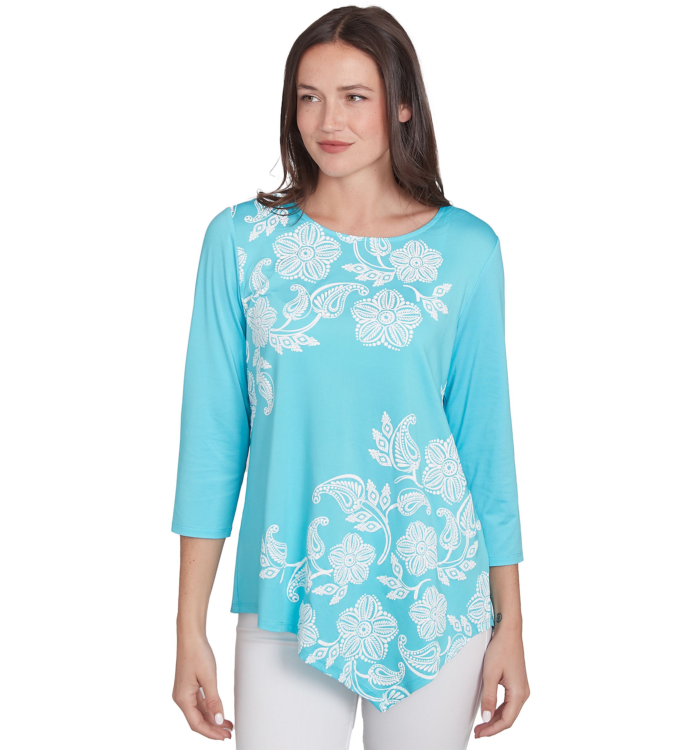 Womens Round Neck Floral Placement Printed Knit Top with Asymmetric Hem