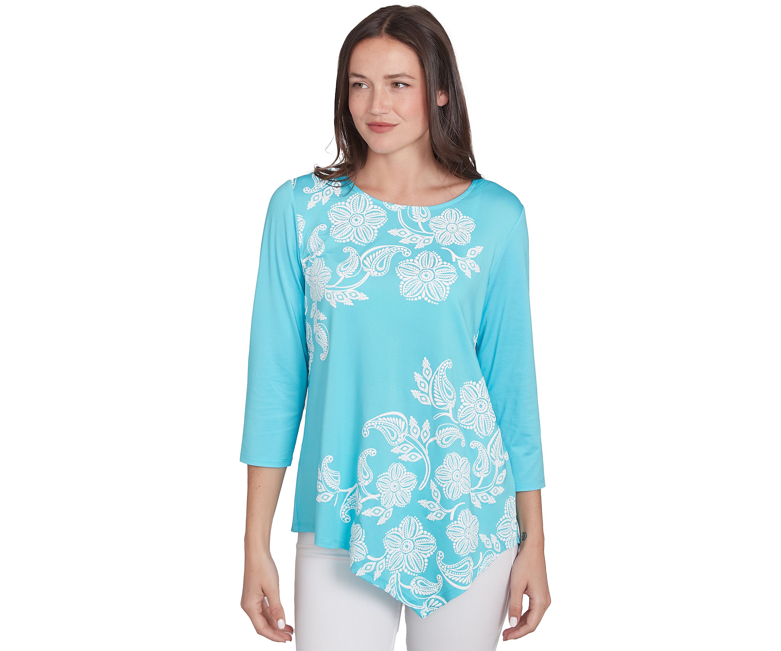 Womens Round Neck Floral Placement Printed Knit Top with Asymmetric Hem