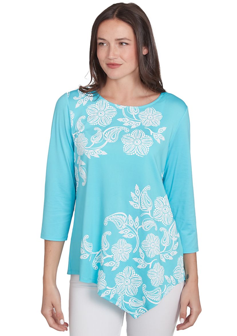 Womens Round Neck Floral Placement Printed Knit Top with Asymmetric Hem
