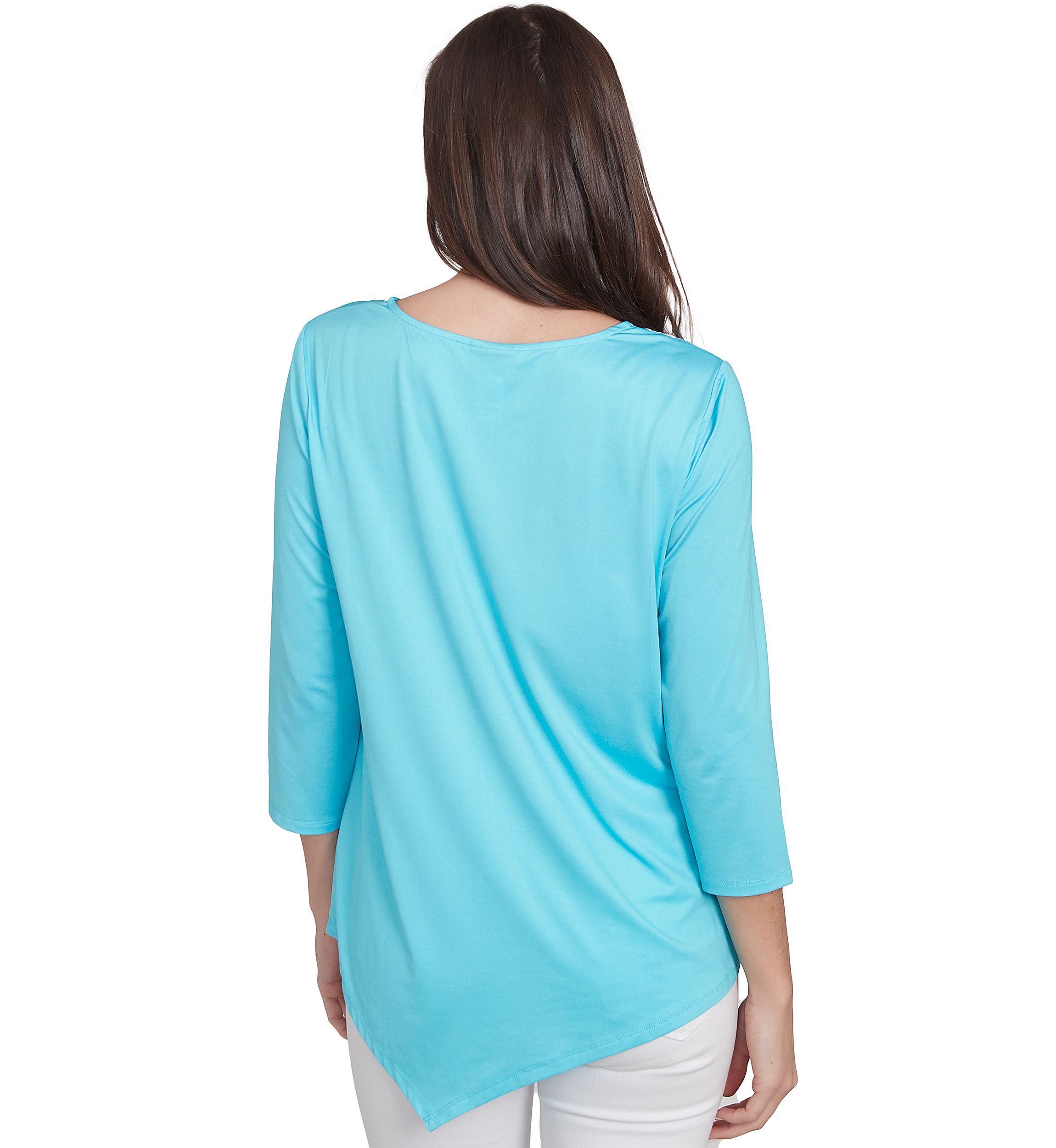 Womens Round Neck Floral Placement Printed Knit Top with Asymmetric Hem