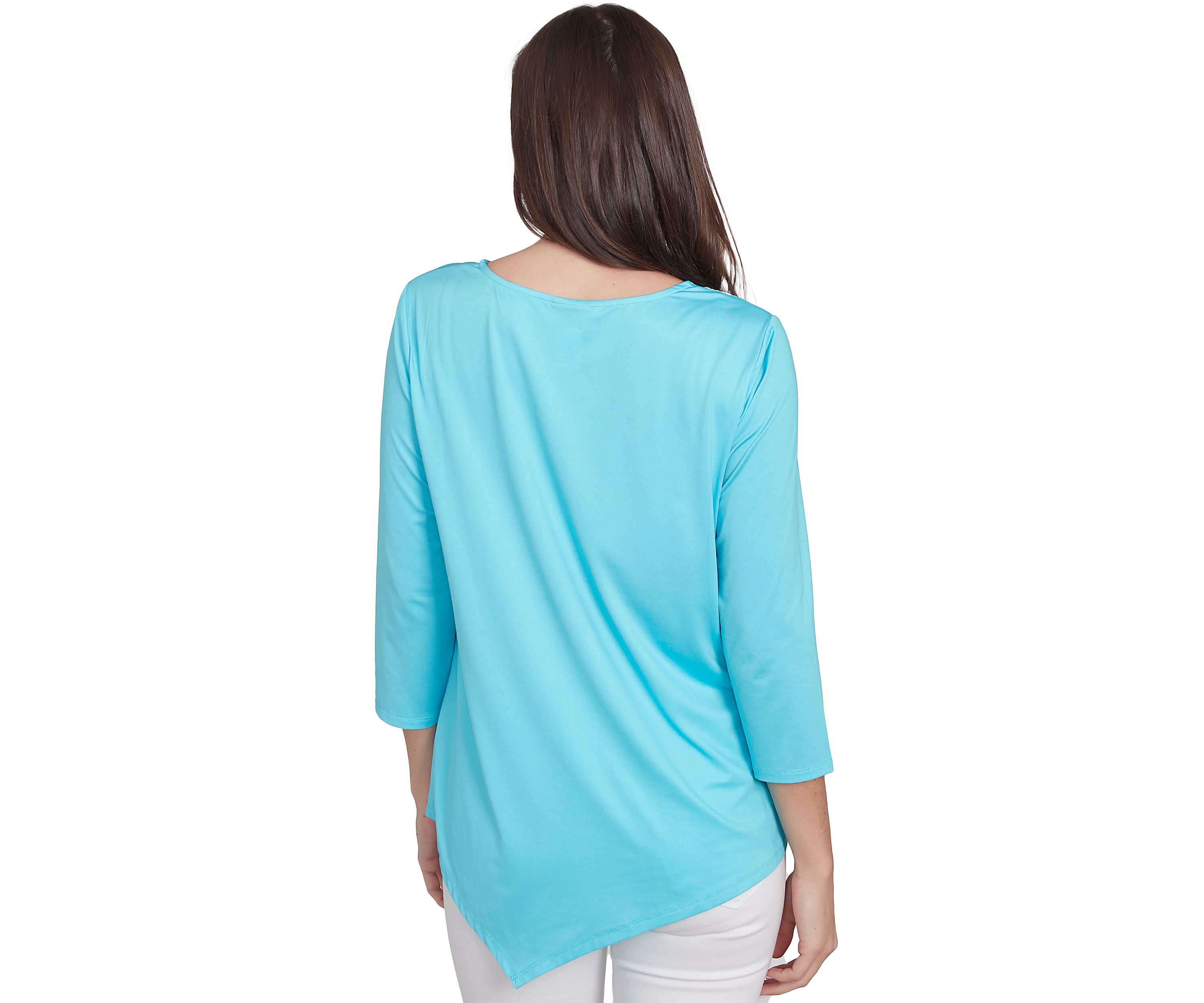Womens Round Neck Floral Placement Printed Knit Top with Asymmetric Hem