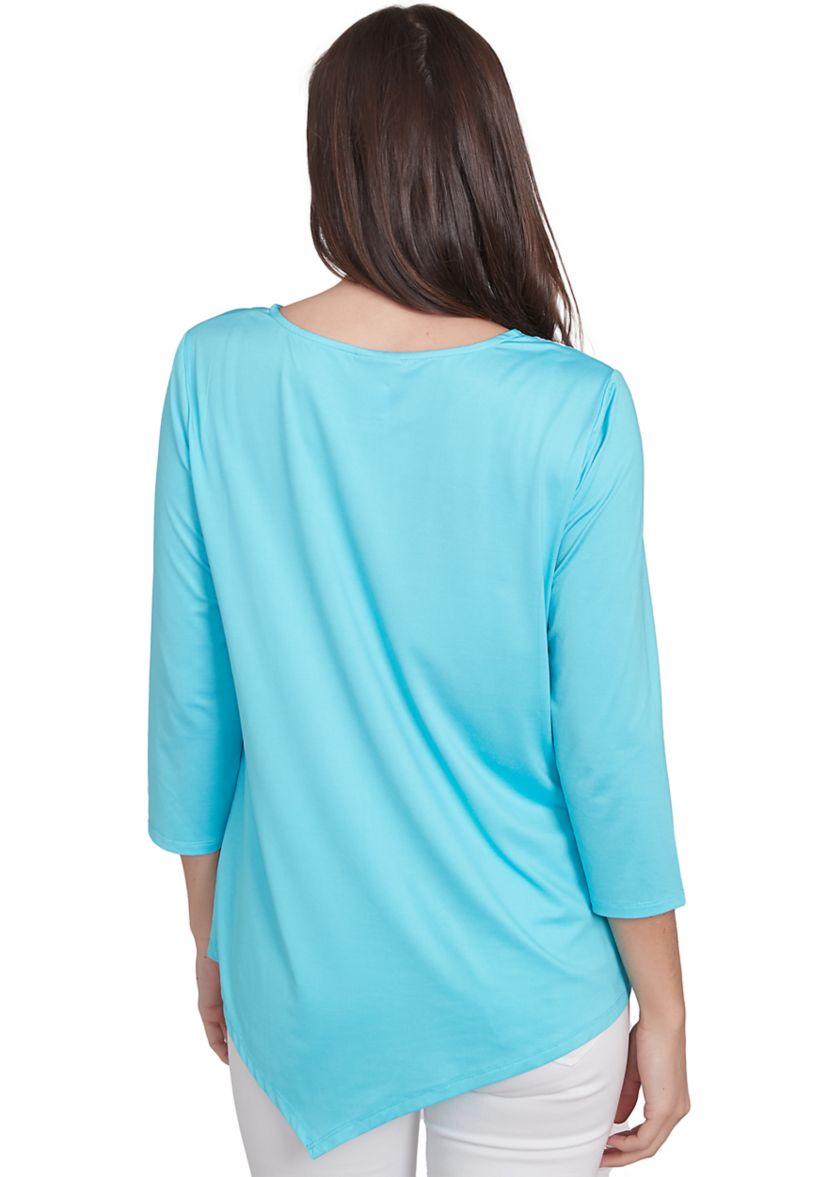 Womens Round Neck Floral Placement Printed Knit Top with Asymmetric Hem