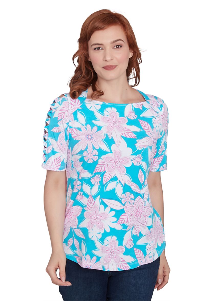 Womens Floral Oasis Ladder Sleeve T-Shirt