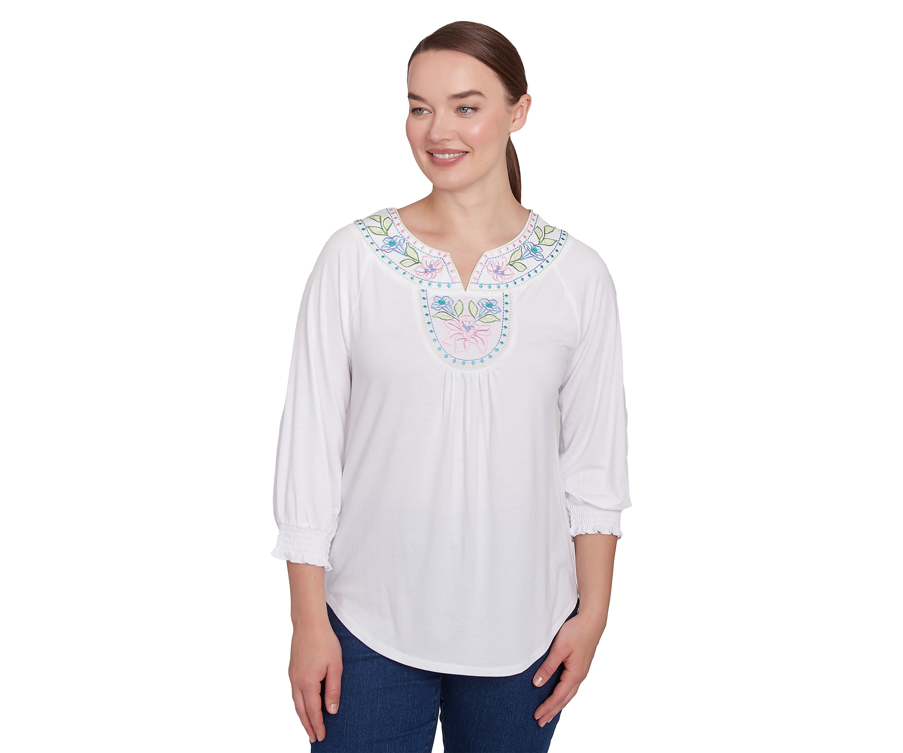 Womens Scoop Neck With Embroidery Detail Solid Knit Top with Elastic Smocked Sleeve