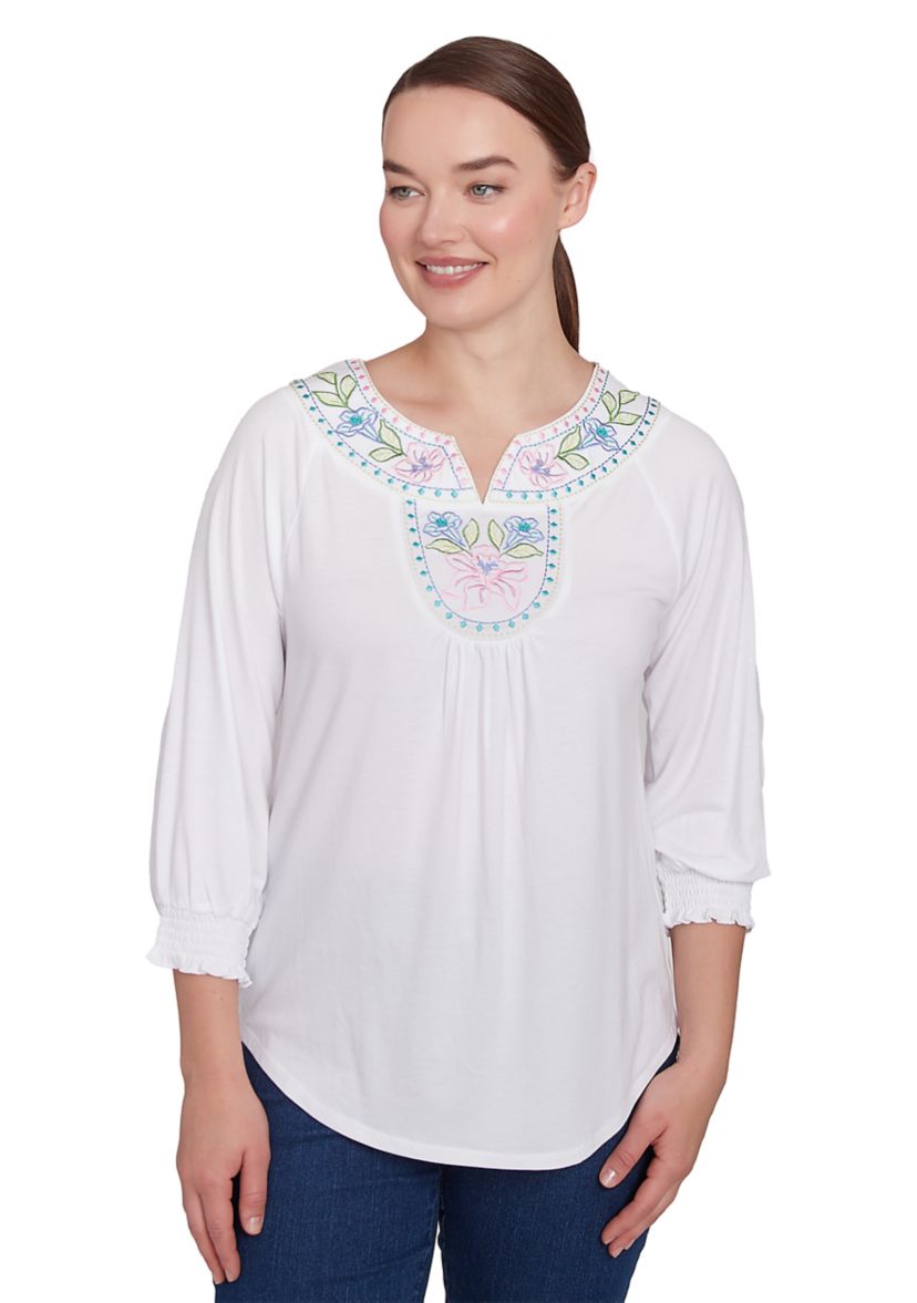 Womens Scoop Neck With Embroidery Detail Solid Knit Top with Elastic Smocked Sleeve