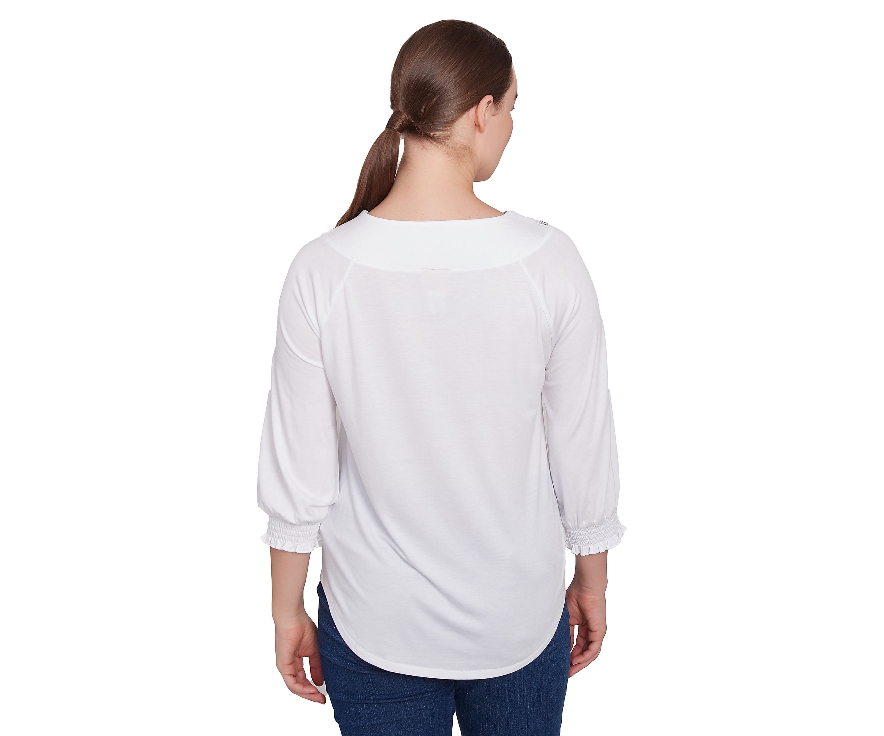 Womens Scoop Neck With Embroidery Detail Solid Knit Top with Elastic Smocked Sleeve