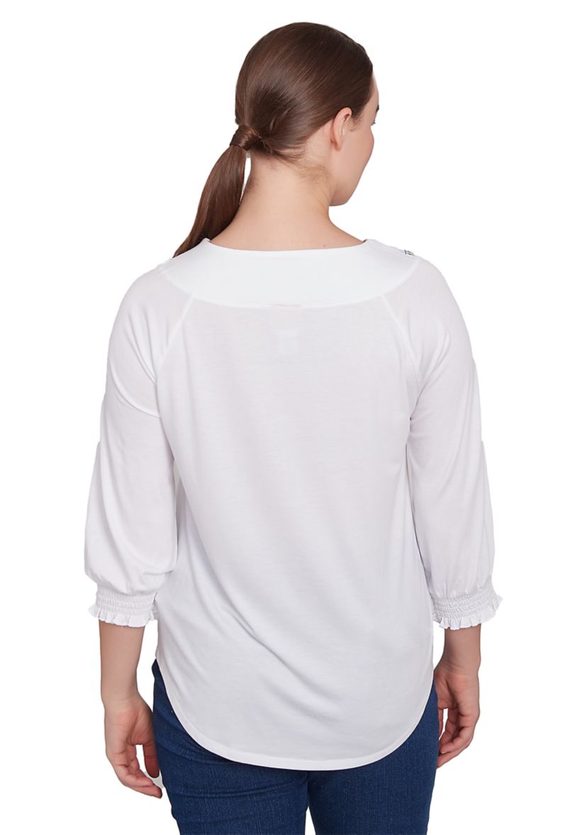 Womens Scoop Neck With Embroidery Detail Solid Knit Top with Elastic Smocked Sleeve