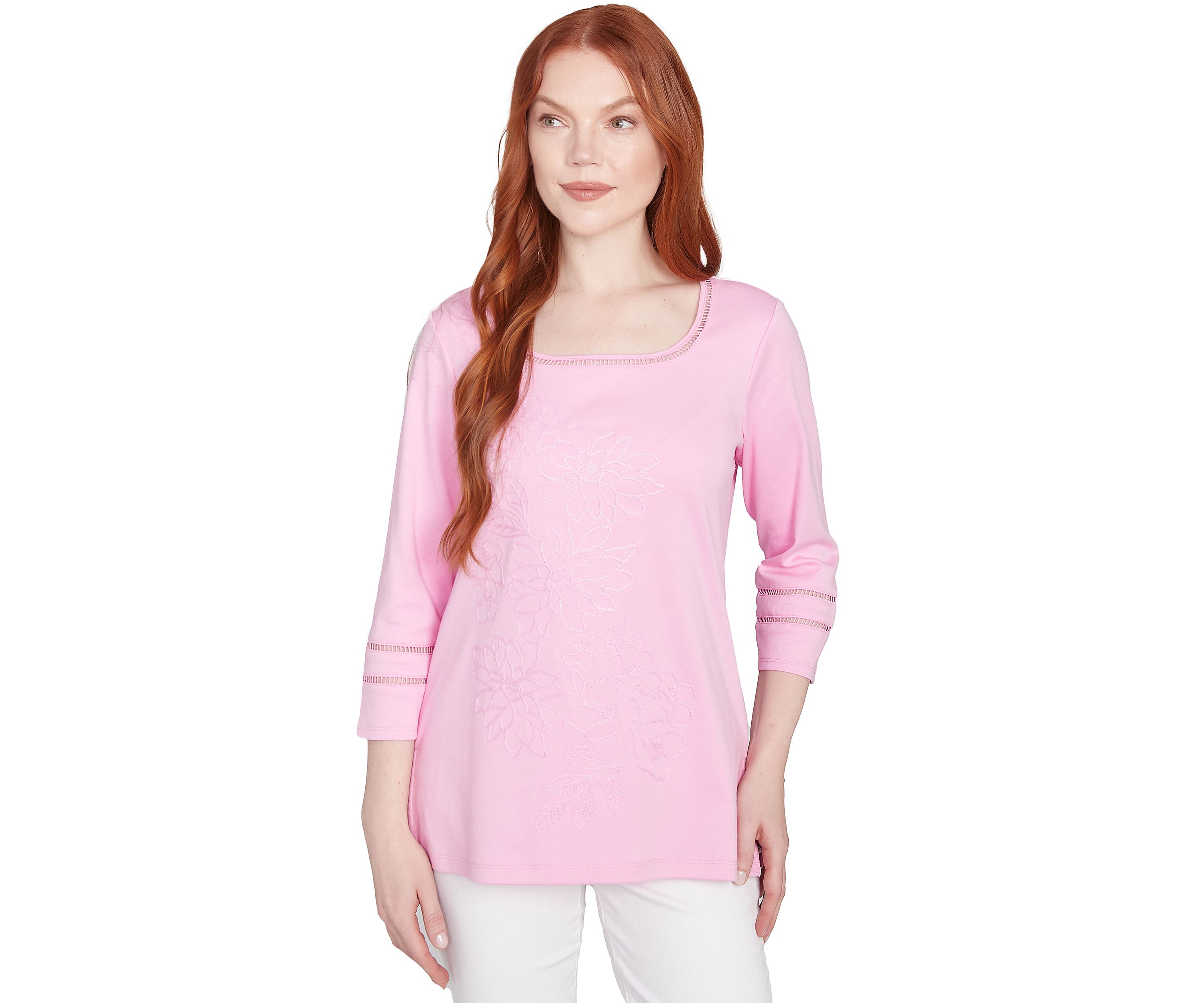 Womens Square Neck Floral Cording Applique Solid Knit Top