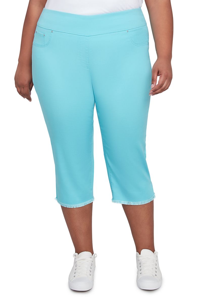 Plus Size Oasis Pull On Fringe Denim Capri Pants 