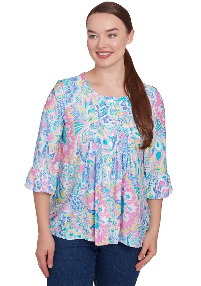 Plus Size Utopian Floral Silky Button Front Top