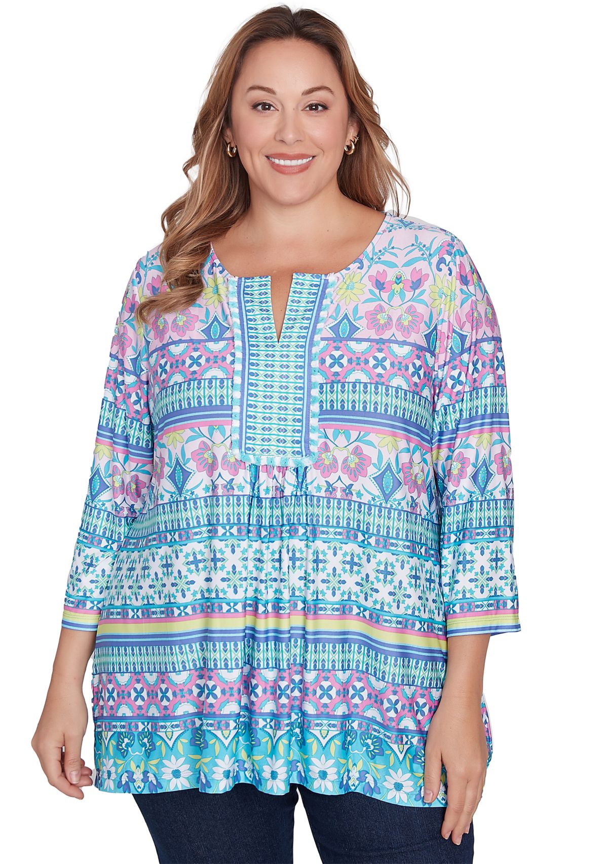 Plus Size Scoop Neck Stripe Garden Floral Printed Shark Bite Knit Top