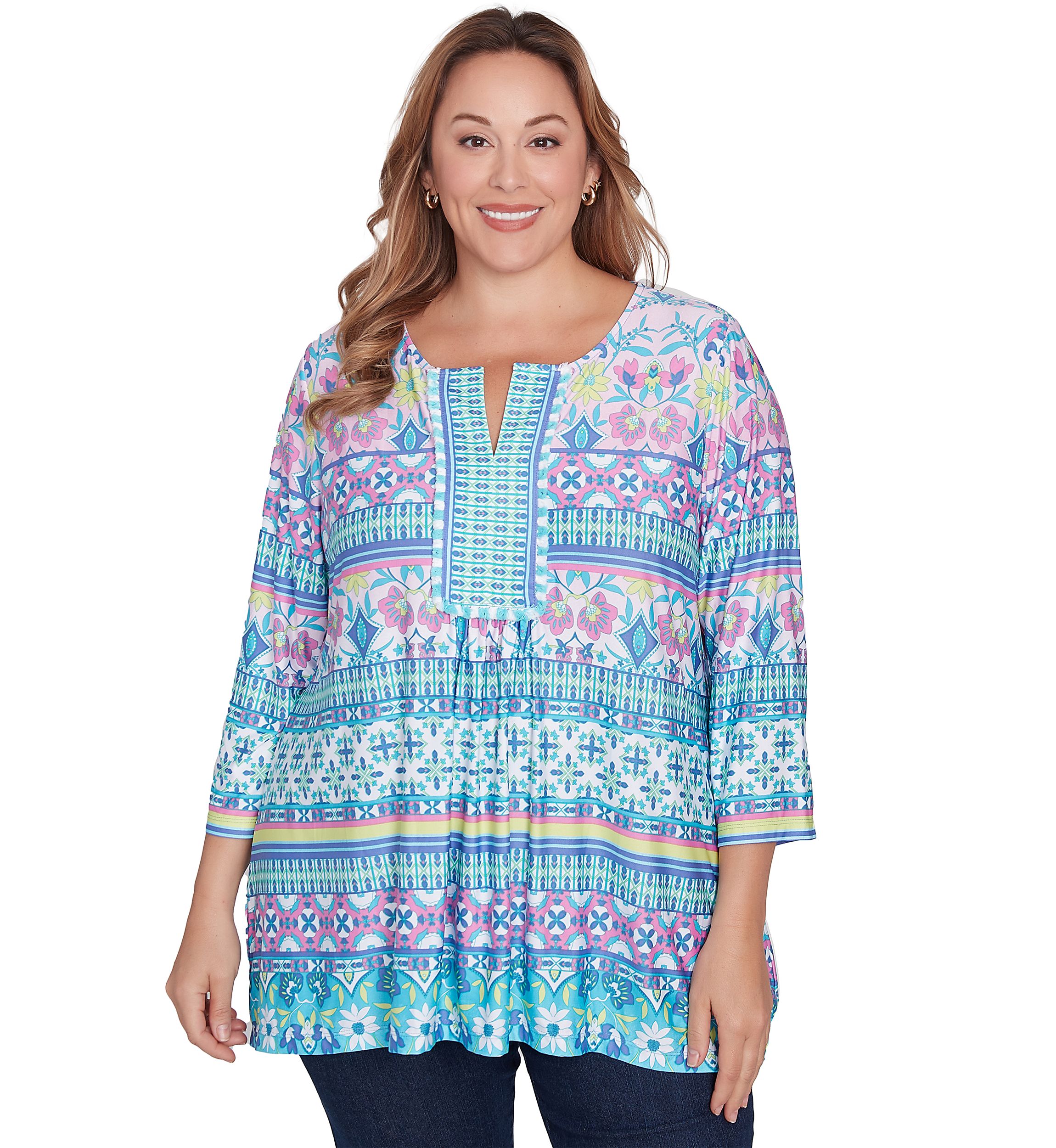 Plus Size Scoop Neck Stripe Garden Floral Printed Shark Bite Knit Top