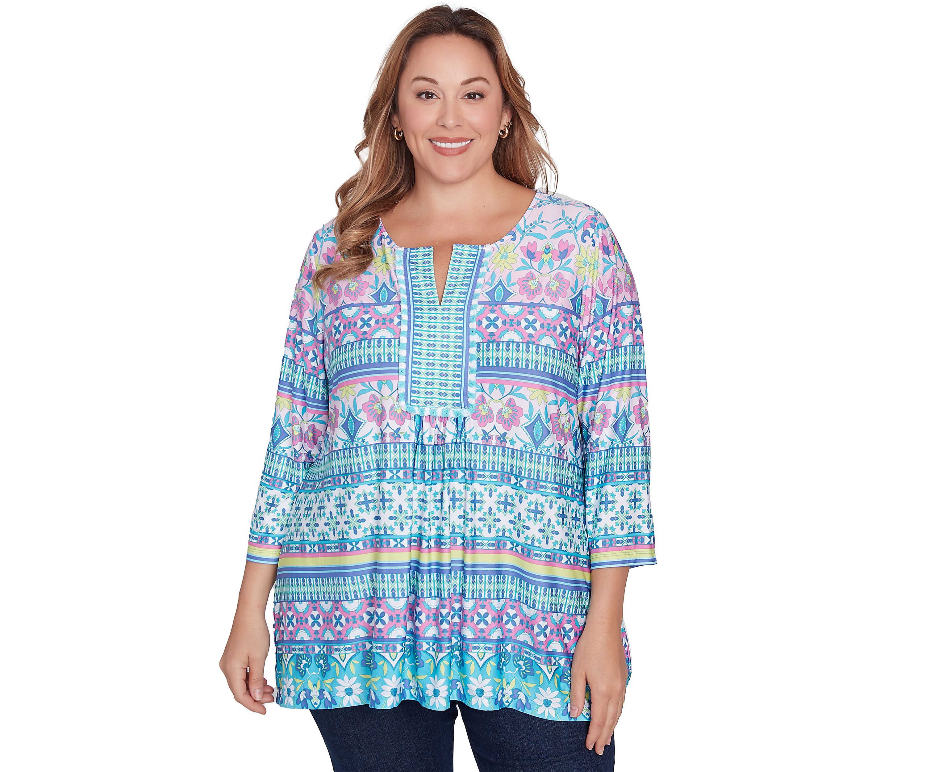 Plus Size Scoop Neck Stripe Garden Floral Printed Shark Bite Knit Top