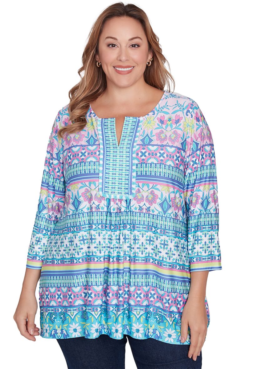 Plus Size Scoop Neck Stripe Garden Floral Printed Shark Bite Knit Top