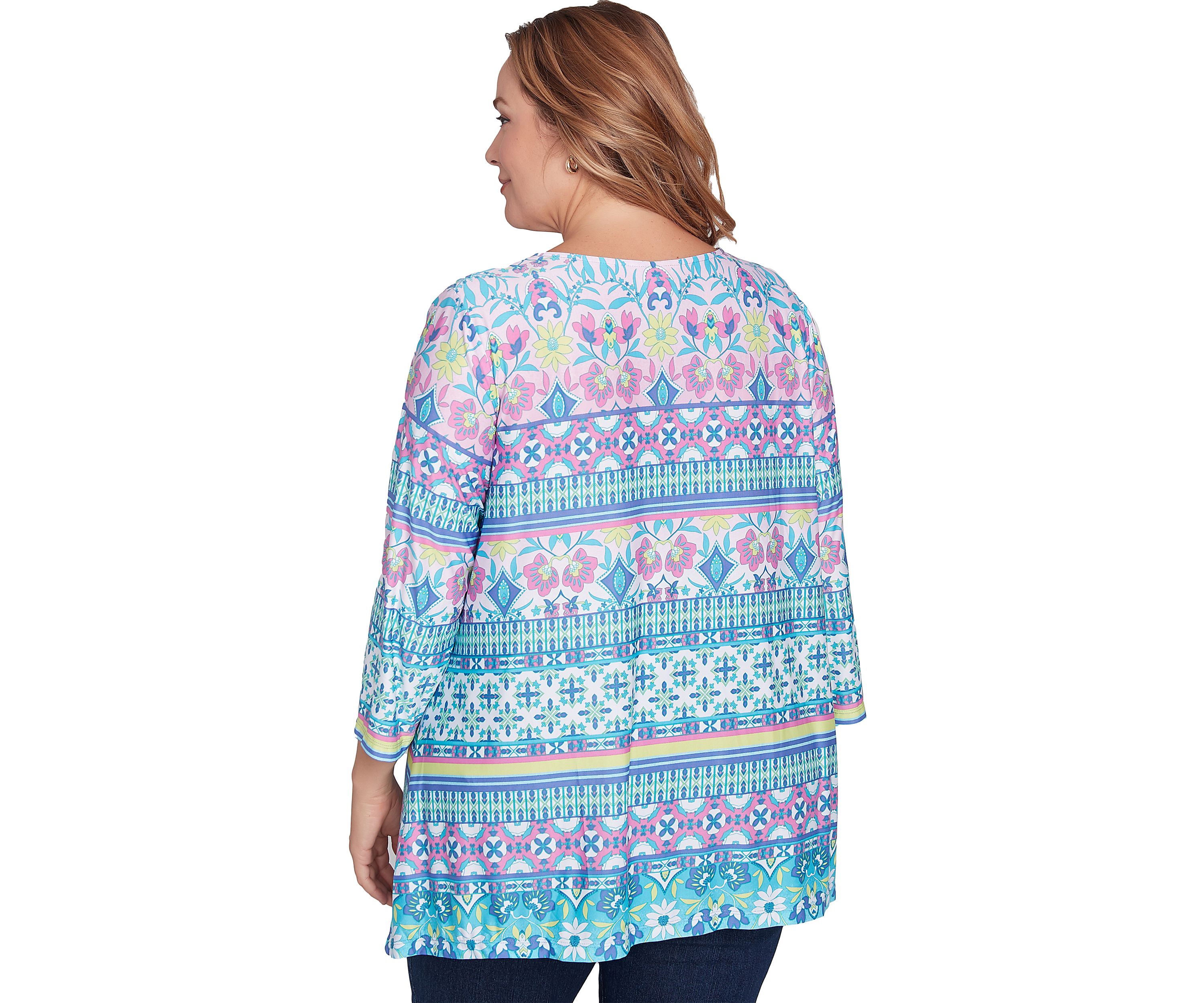 Plus Size Scoop Neck Stripe Garden Floral Printed Shark Bite Knit Top