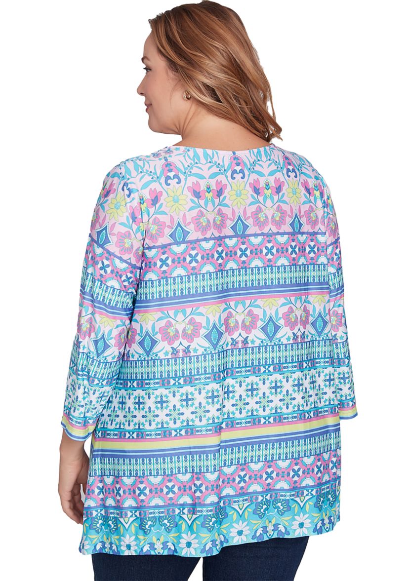 Plus Size Scoop Neck Stripe Garden Floral Printed Shark Bite Knit Top