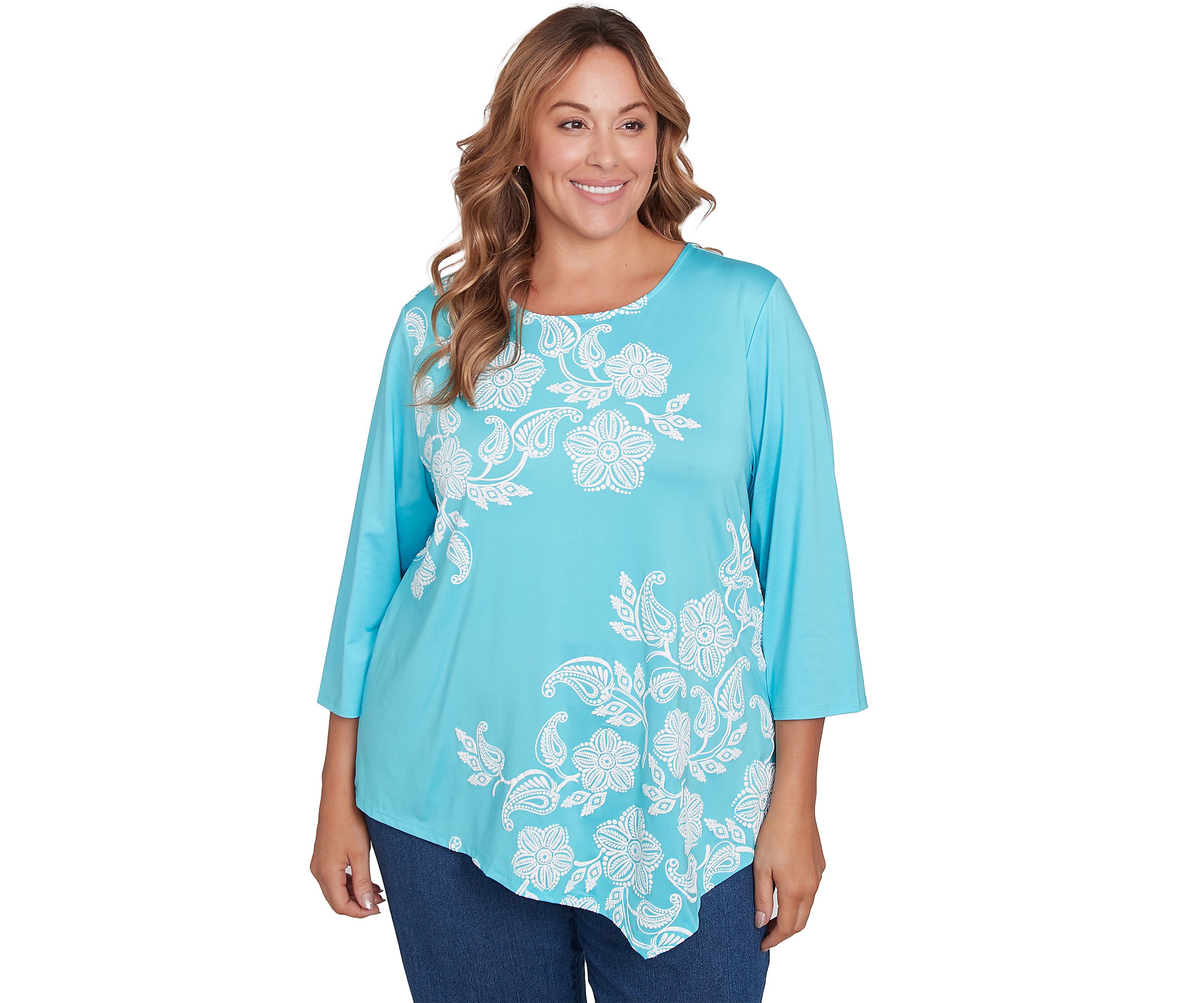 Plus Size Scoop Neck Floral Placement Printed Knit Top with Asymmetric Hem