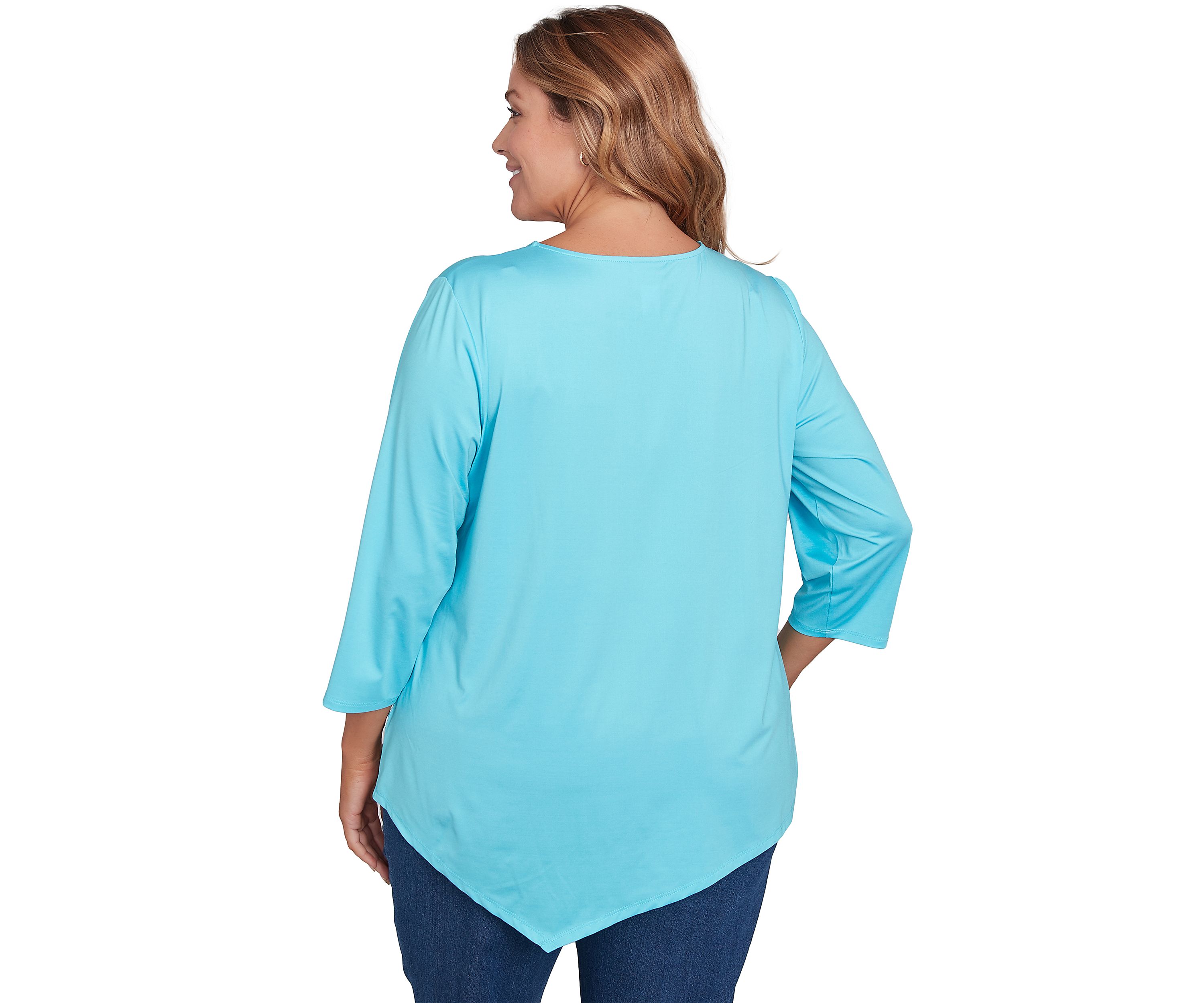 Plus Size Scoop Neck Floral Placement Printed Knit Top with Asymmetric Hem