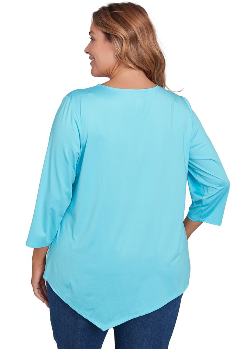 Plus Size Scoop Neck Floral Placement Printed Knit Top with Asymmetric Hem