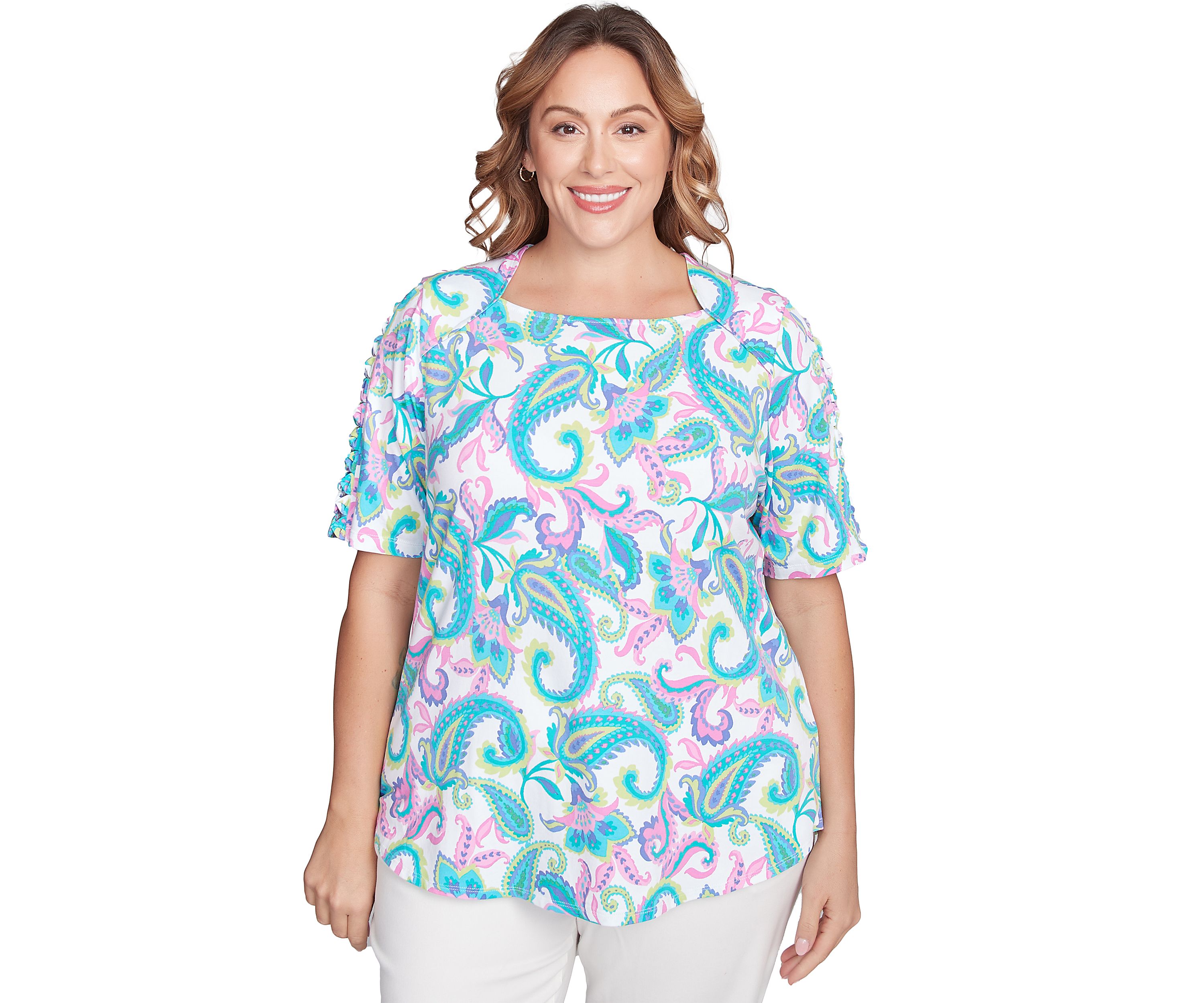 Plus Size Envelope Neck Multi Paisley Printed Knit Top with Ladder Detail Short Sleeves