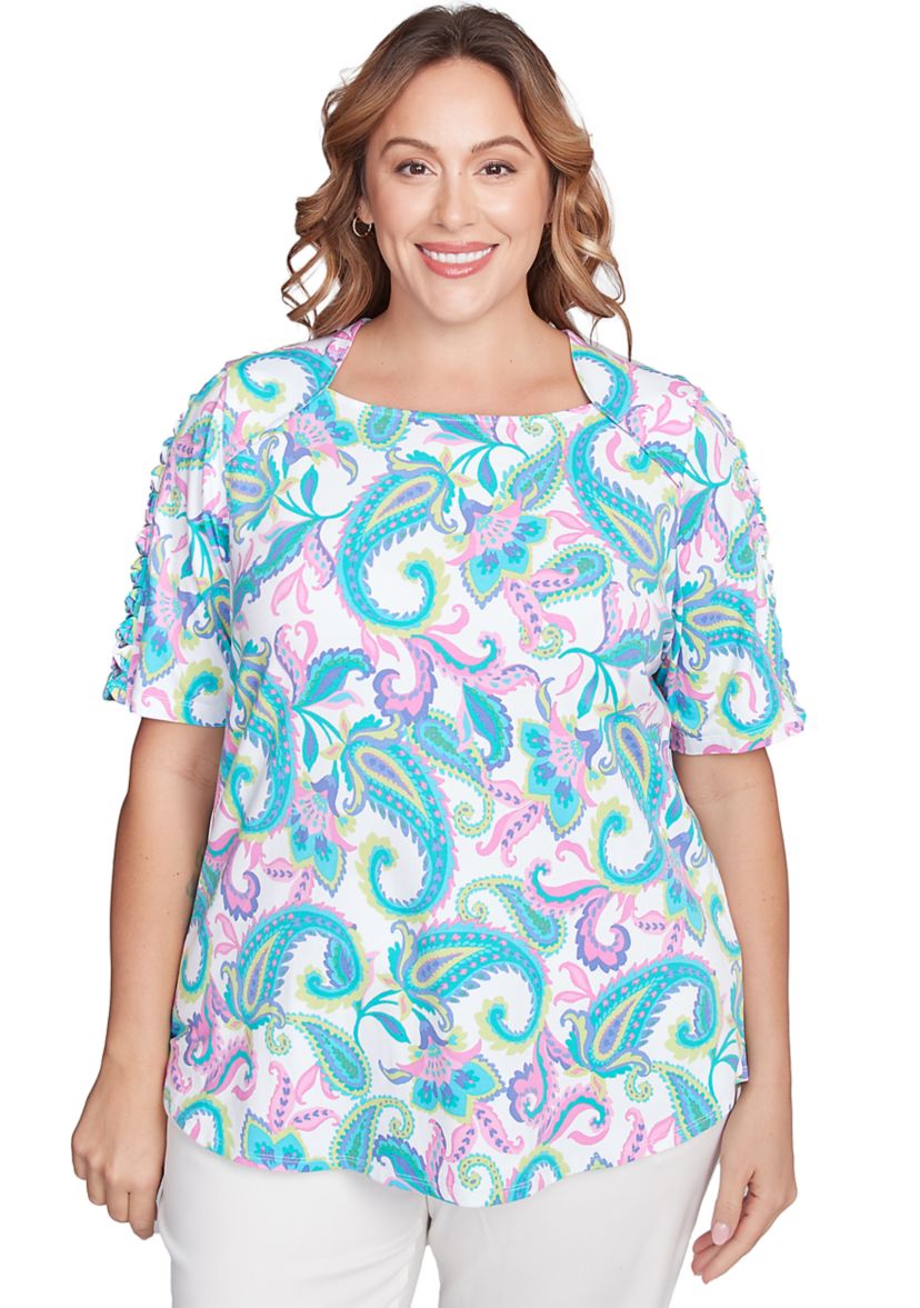 Plus Size Envelope Neck Multi Paisley Printed Knit Top with Ladder Detail Short Sleeves