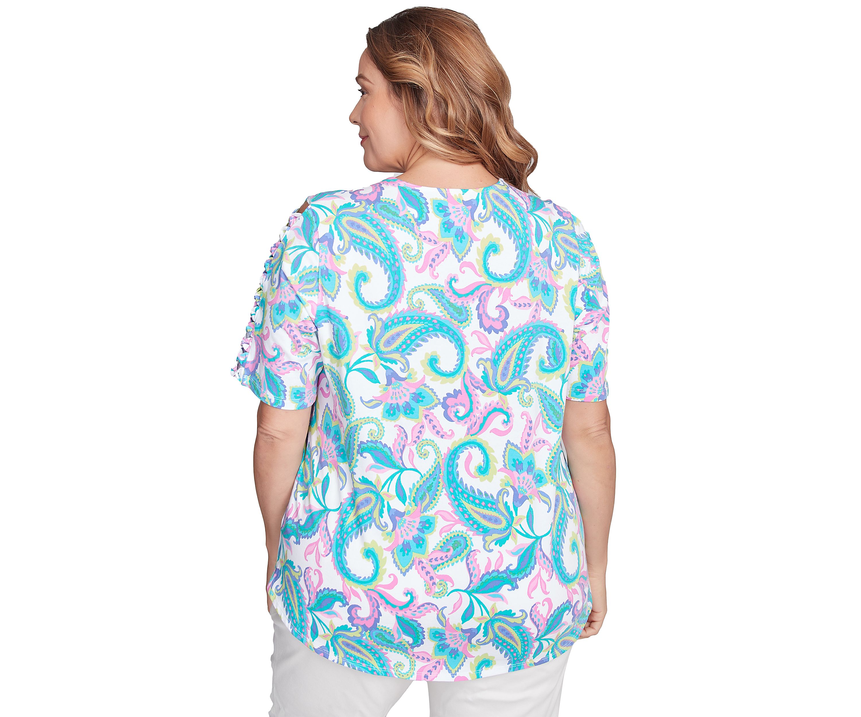 Plus Size Envelope Neck Multi Paisley Printed Knit Top with Ladder Detail Short Sleeves