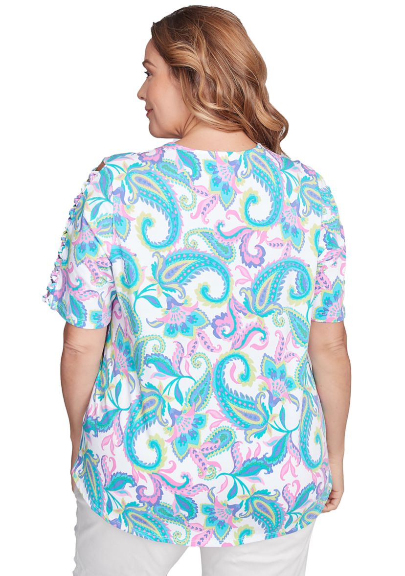Plus Size Envelope Neck Multi Paisley Printed Knit Top with Ladder Detail Short Sleeves