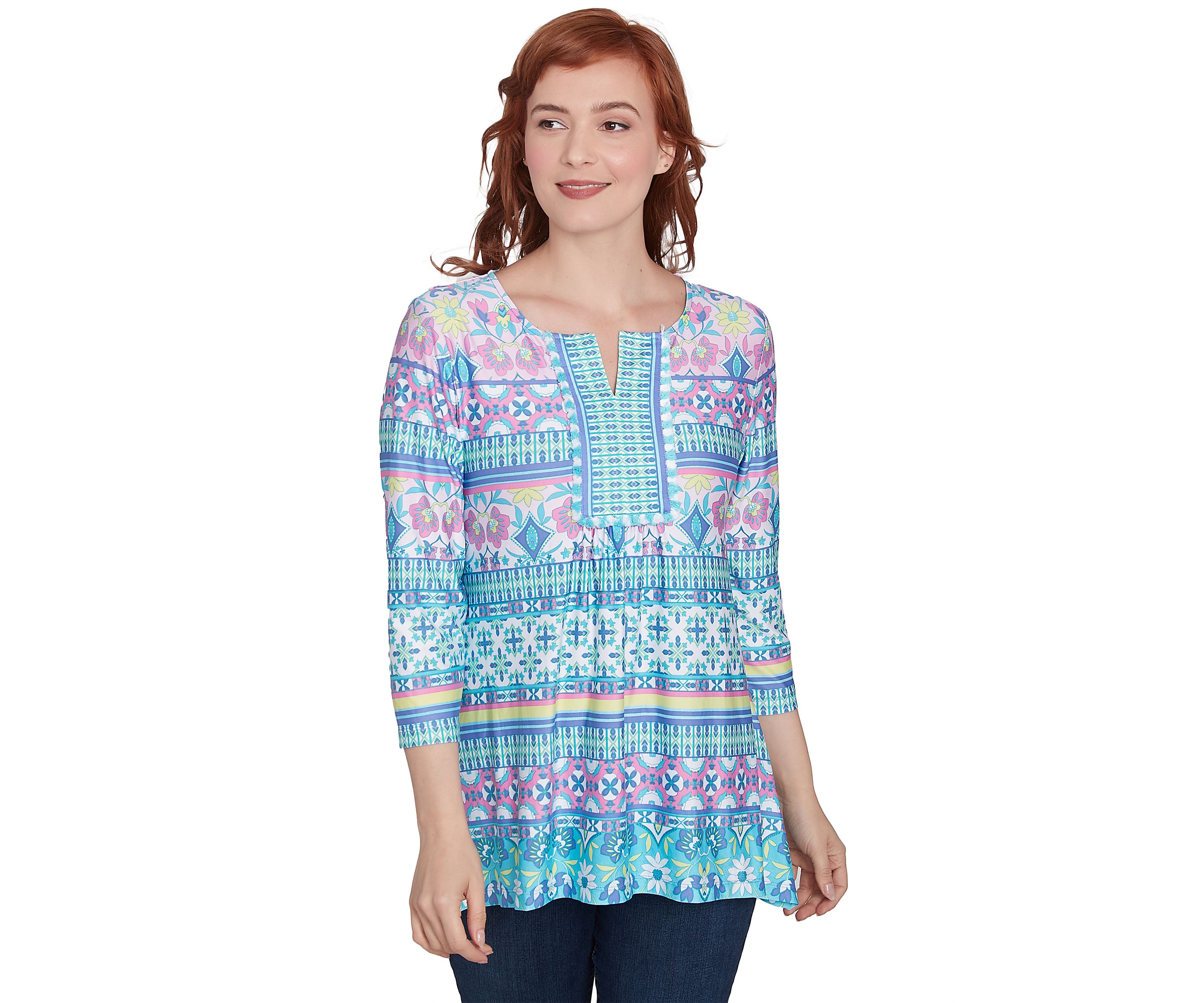 Petite Scoop Neck Stripe Garden Floral Printed Shark Bite Knit Top