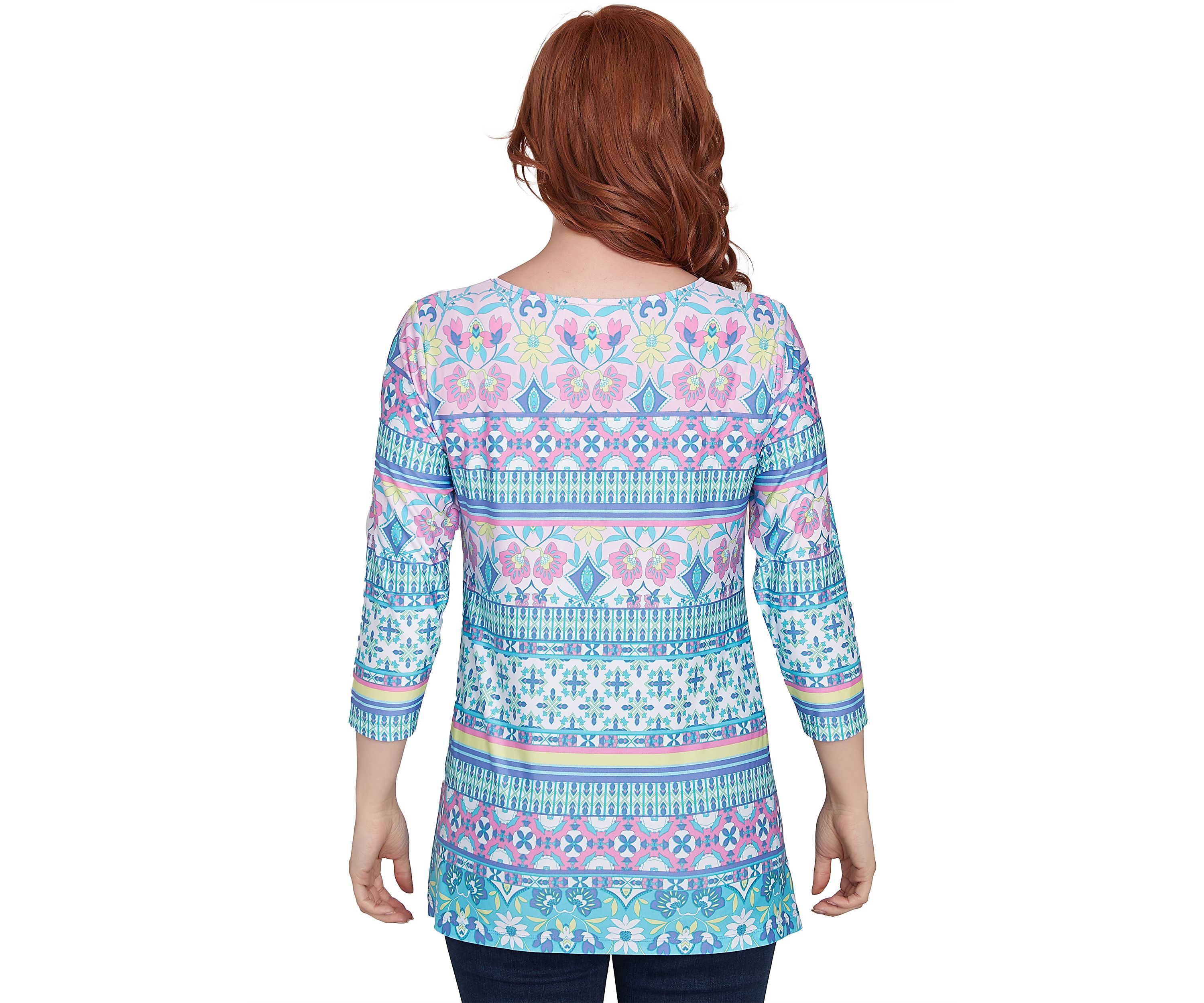 Petite Scoop Neck Stripe Garden Floral Printed Shark Bite Knit Top