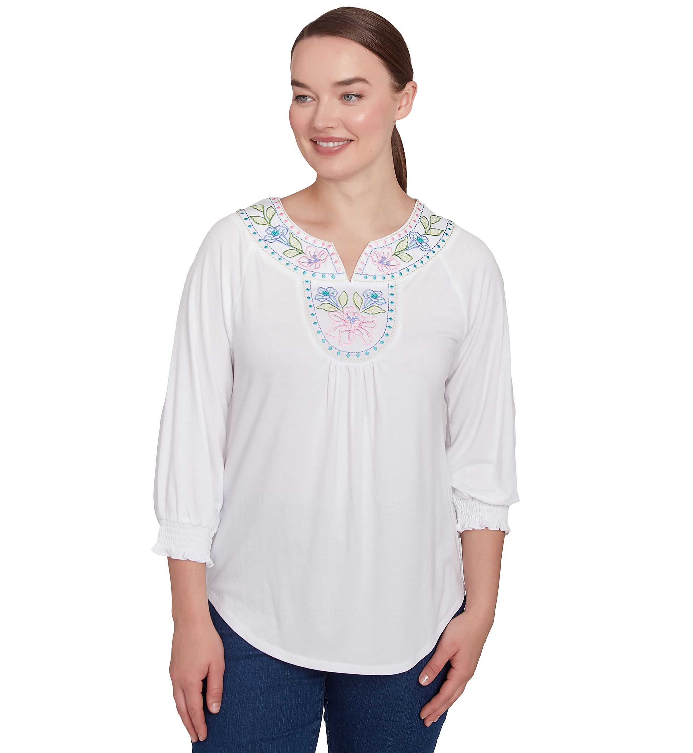 Petite Scoop Neck With Embroidery Detail Solid Knit Top with Elastic Smocked Sleeve