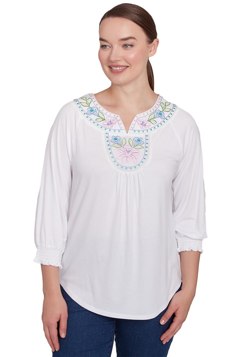 Petite Scoop Neck With Embroidery Detail Solid Knit Top with Elastic Smocked Sleeve