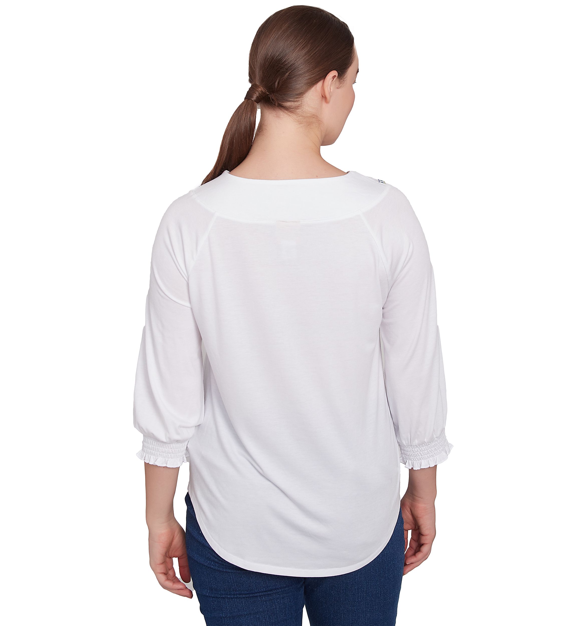 Petite Scoop Neck With Embroidery Detail Solid Knit Top with Elastic Smocked Sleeve
