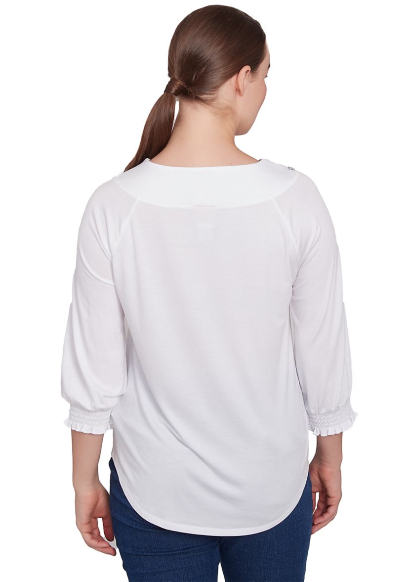 Petite Scoop Neck With Embroidery Detail Solid Knit Top with Elastic Smocked Sleeve