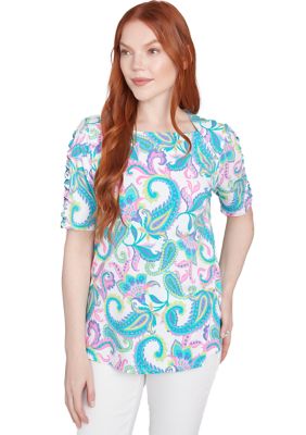 Ruby Rd Women's Petite Envelope Neck Multi Paisley Printed Knit Top with Ladder Detail Short Sleeves, PXL