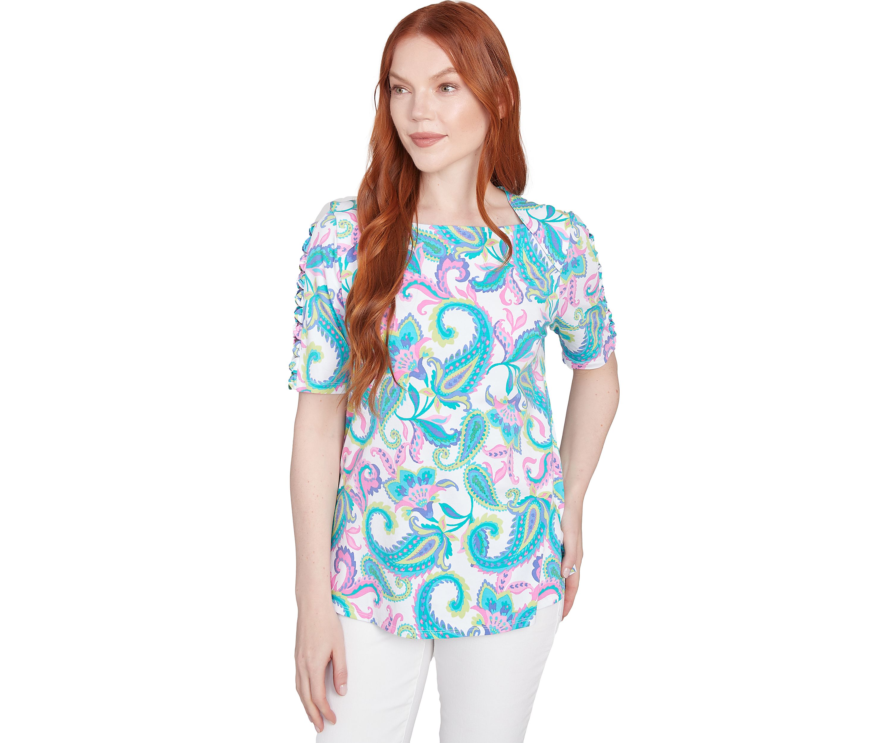 Petite Envelope Neck Multi Paisley Printed Knit Top with Ladder Detail Short Sleeves