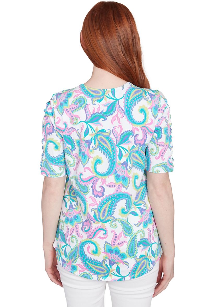 Petite Envelope Neck Multi Paisley Printed Knit Top with Ladder Detail Short Sleeves