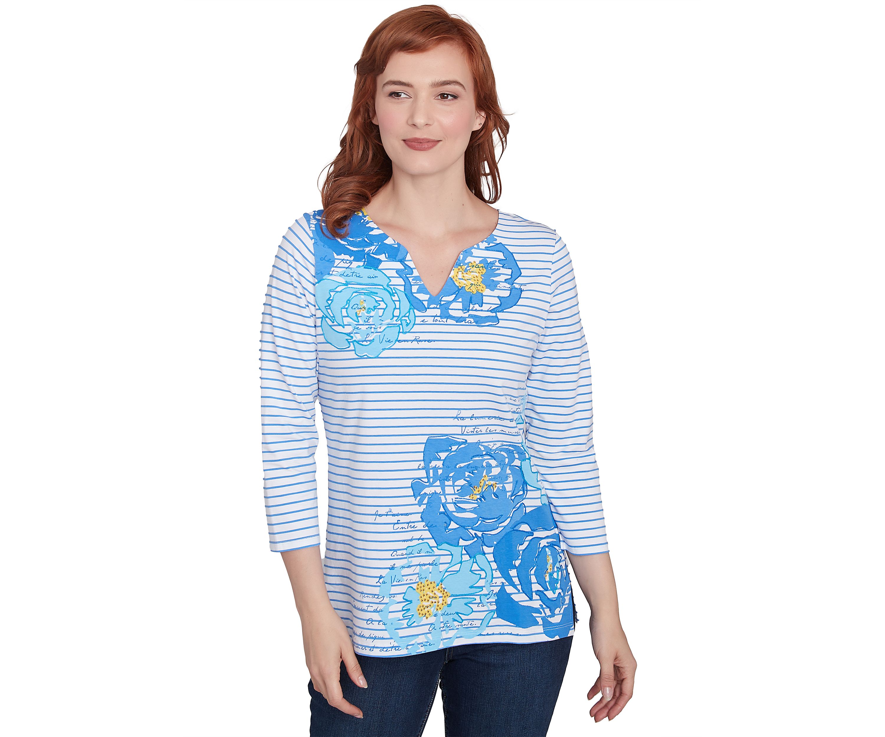 Womens Floral Embroidered Script Stripe T-Shirt