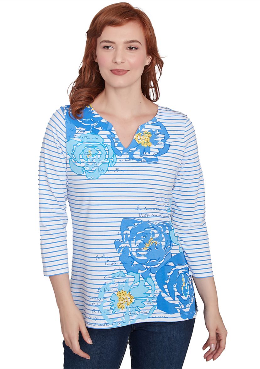Womens Floral Embroidered Script Stripe T-Shirt