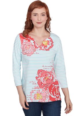 Ruby Rd Women's Floral Embroidered Script Stripe T-Shirt, XL