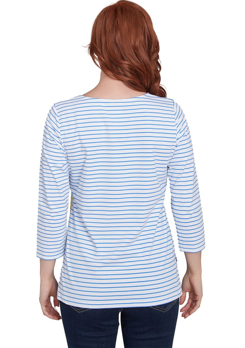 Womens Floral Embroidered Script Stripe T-Shirt