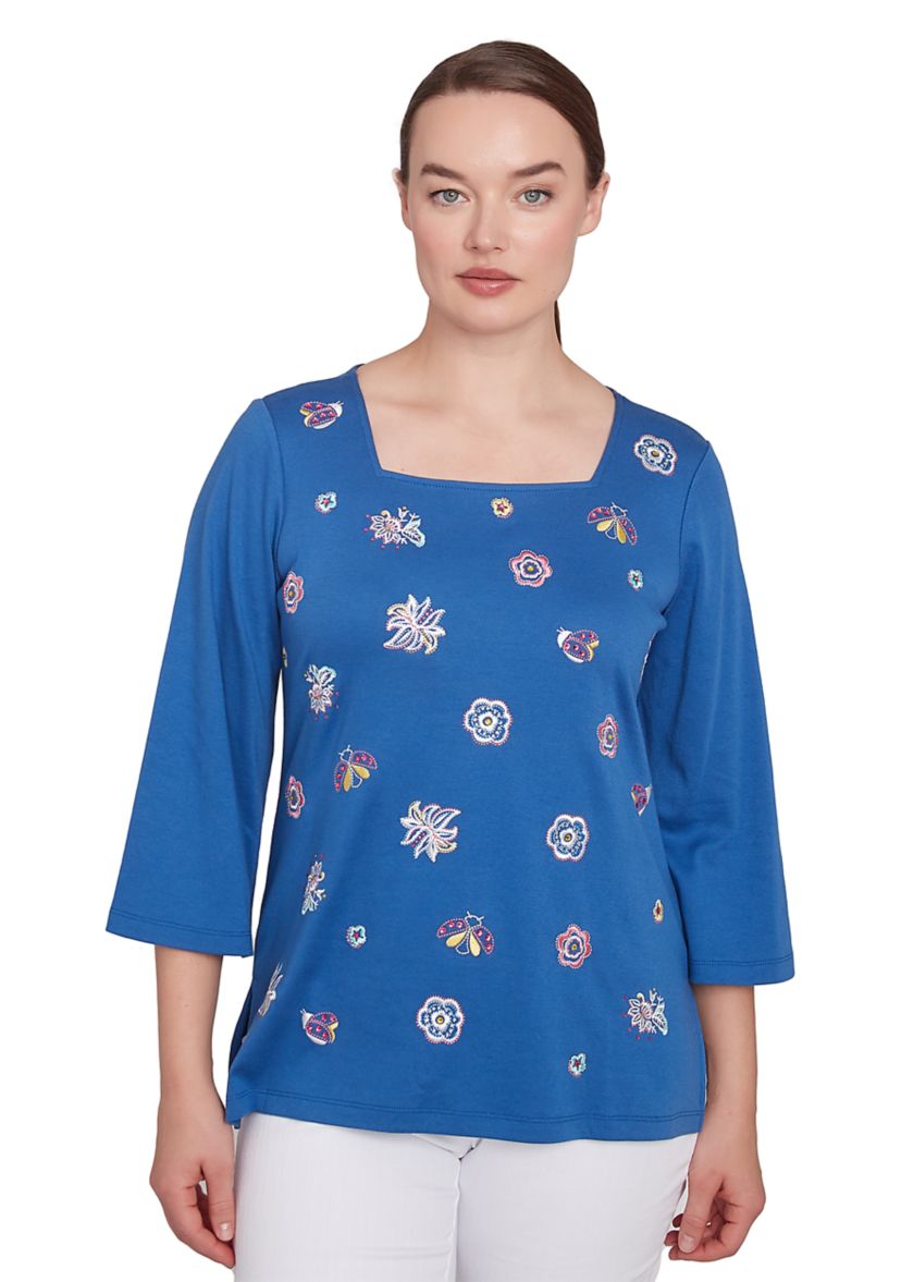 Womens Embroidered Scattered Floral T-Shirt
