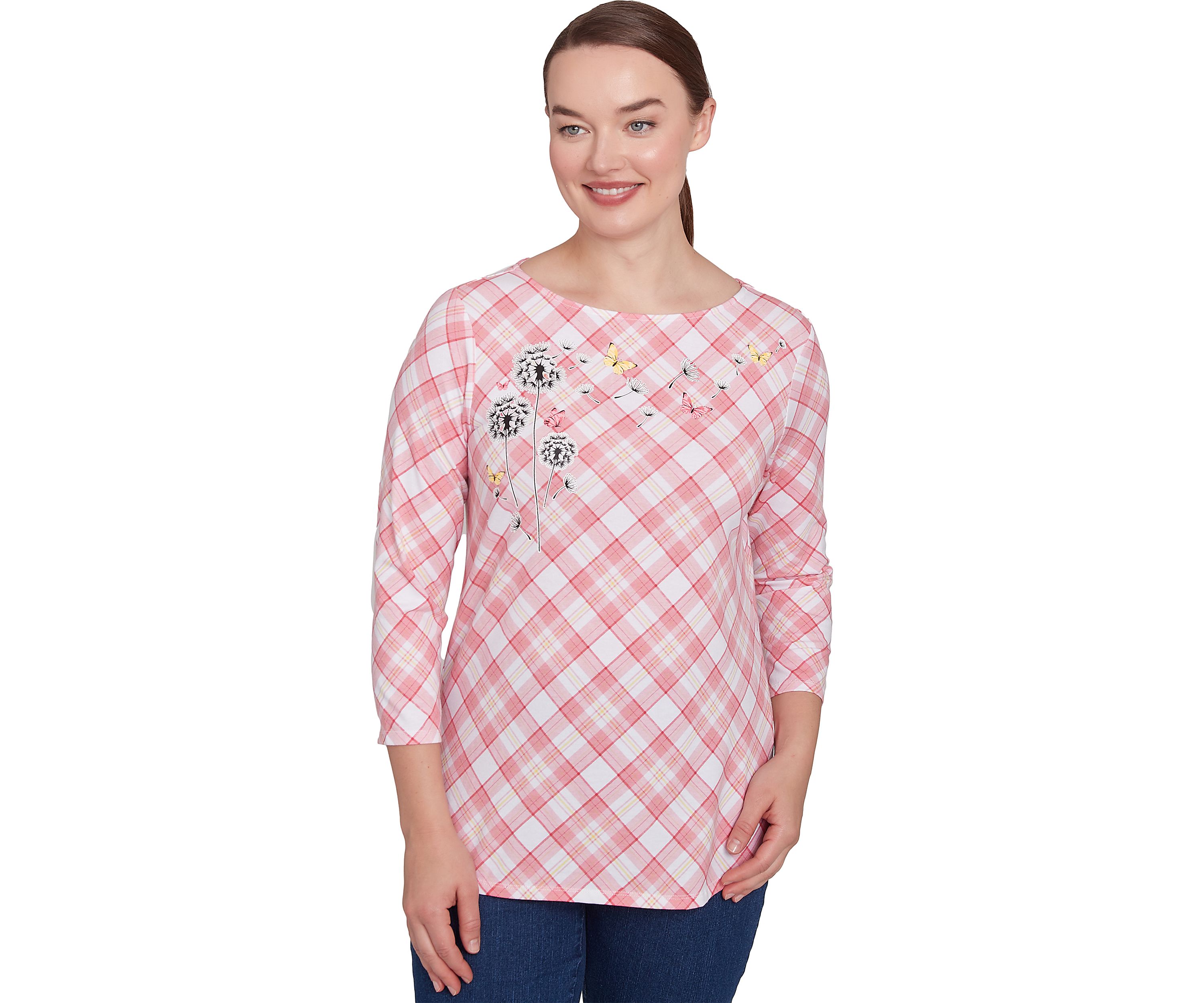 Womens Boat Neck Spring Dandelion Plaid Printed Knit Top