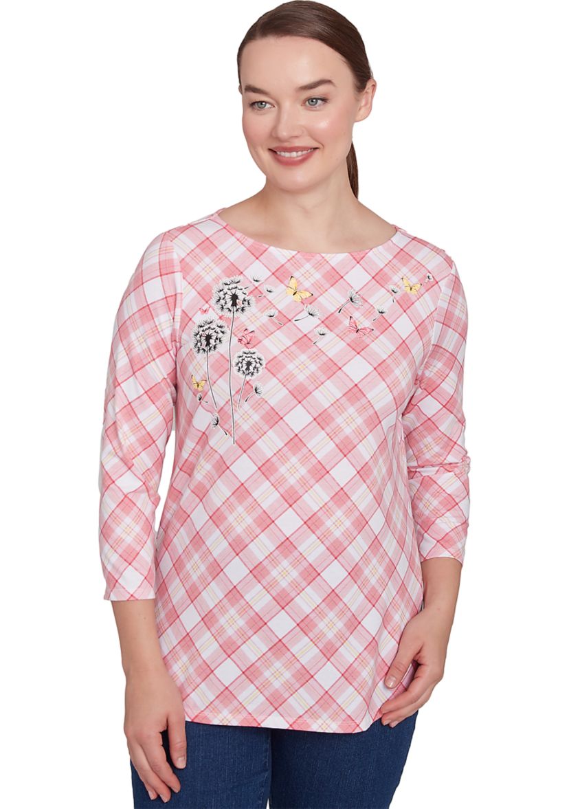 Womens Boat Neck Spring Dandelion Plaid Printed Knit Top