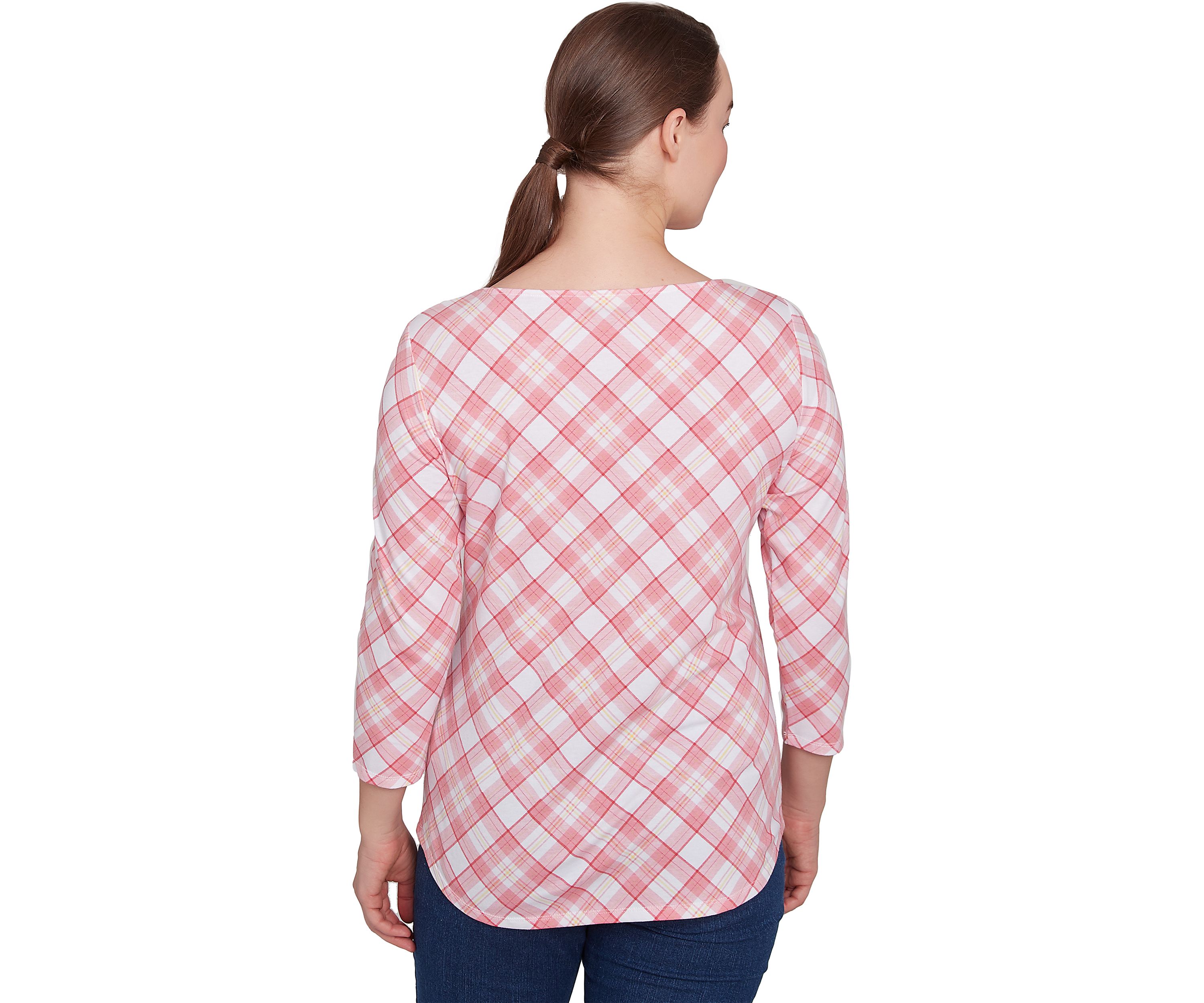 Womens Boat Neck Spring Dandelion Plaid Printed Knit Top