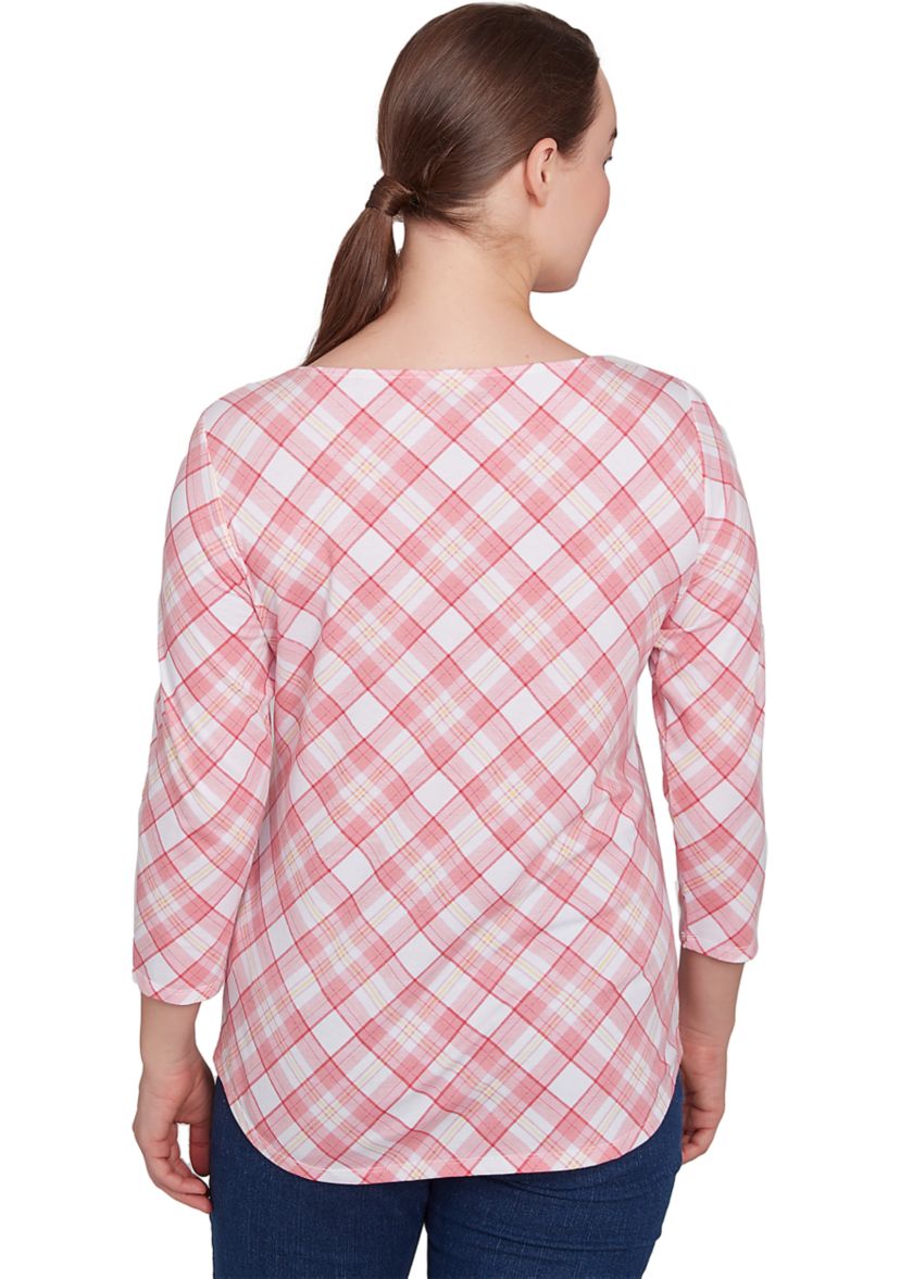 Womens Boat Neck Spring Dandelion Plaid Printed Knit Top