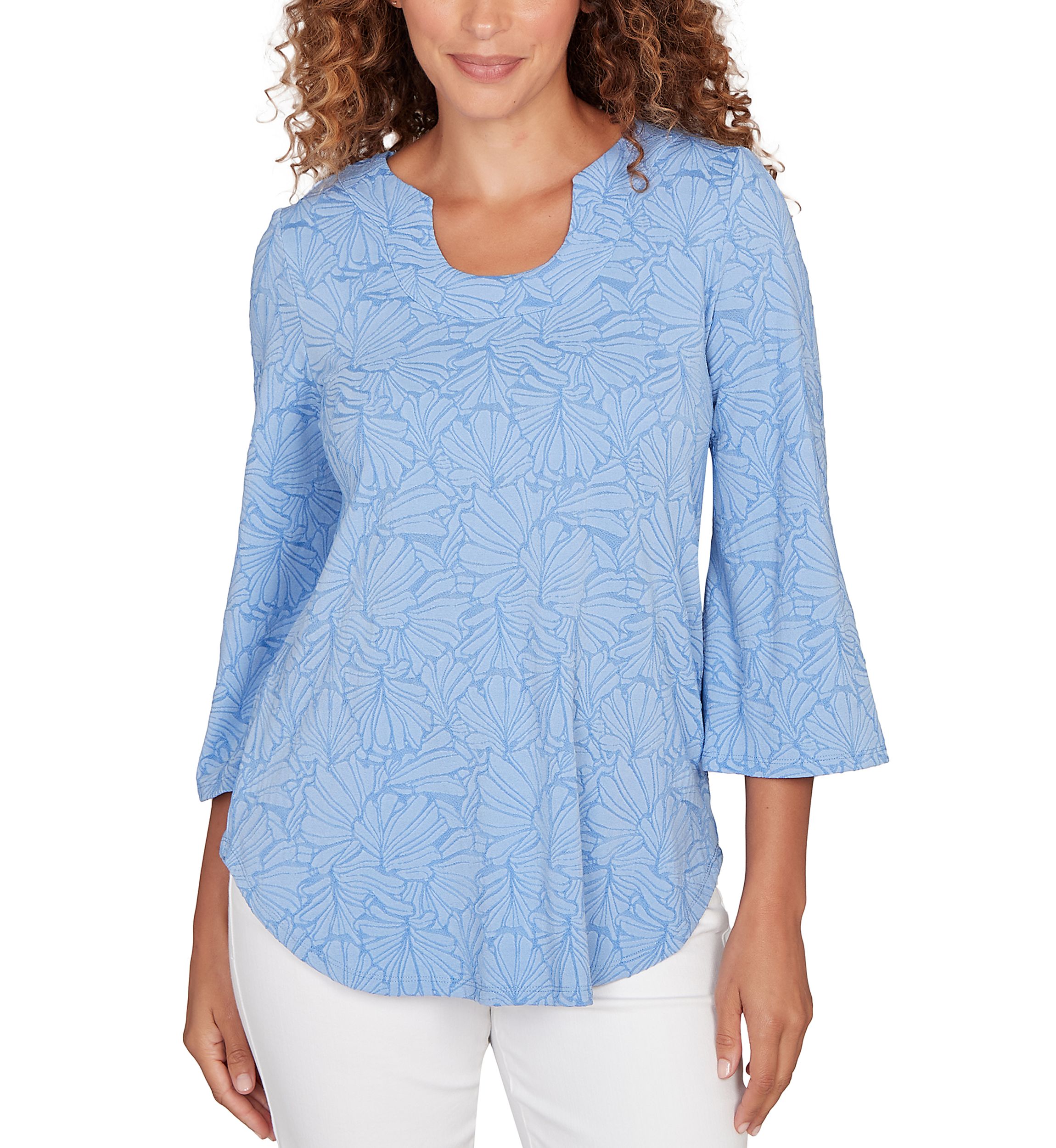 Ruby Rd Petite Horseshoe Neck Solid Floral Jacquard Top | Belk