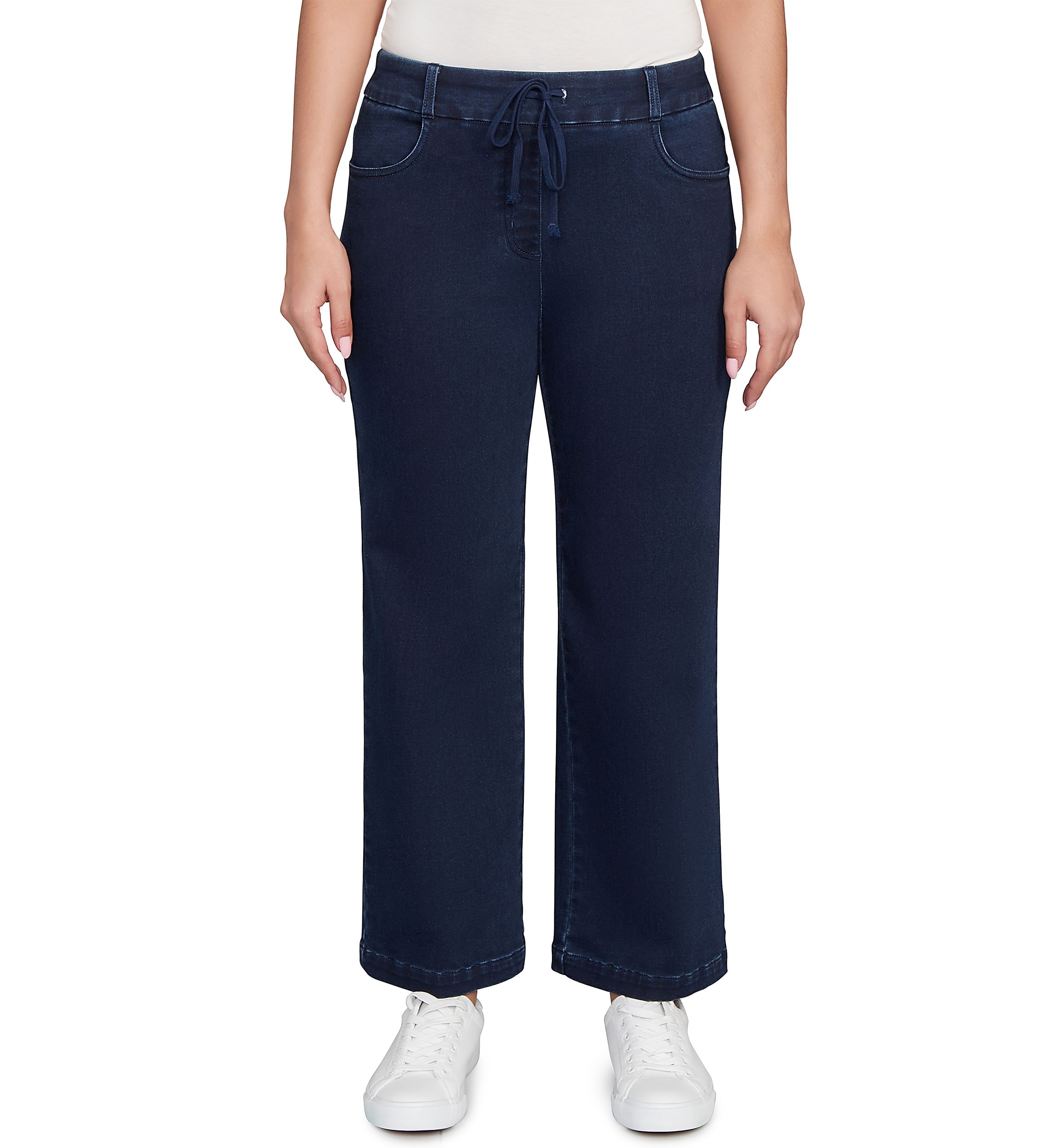 Womens Drawstring Terry Denim Wide Leg Jeans