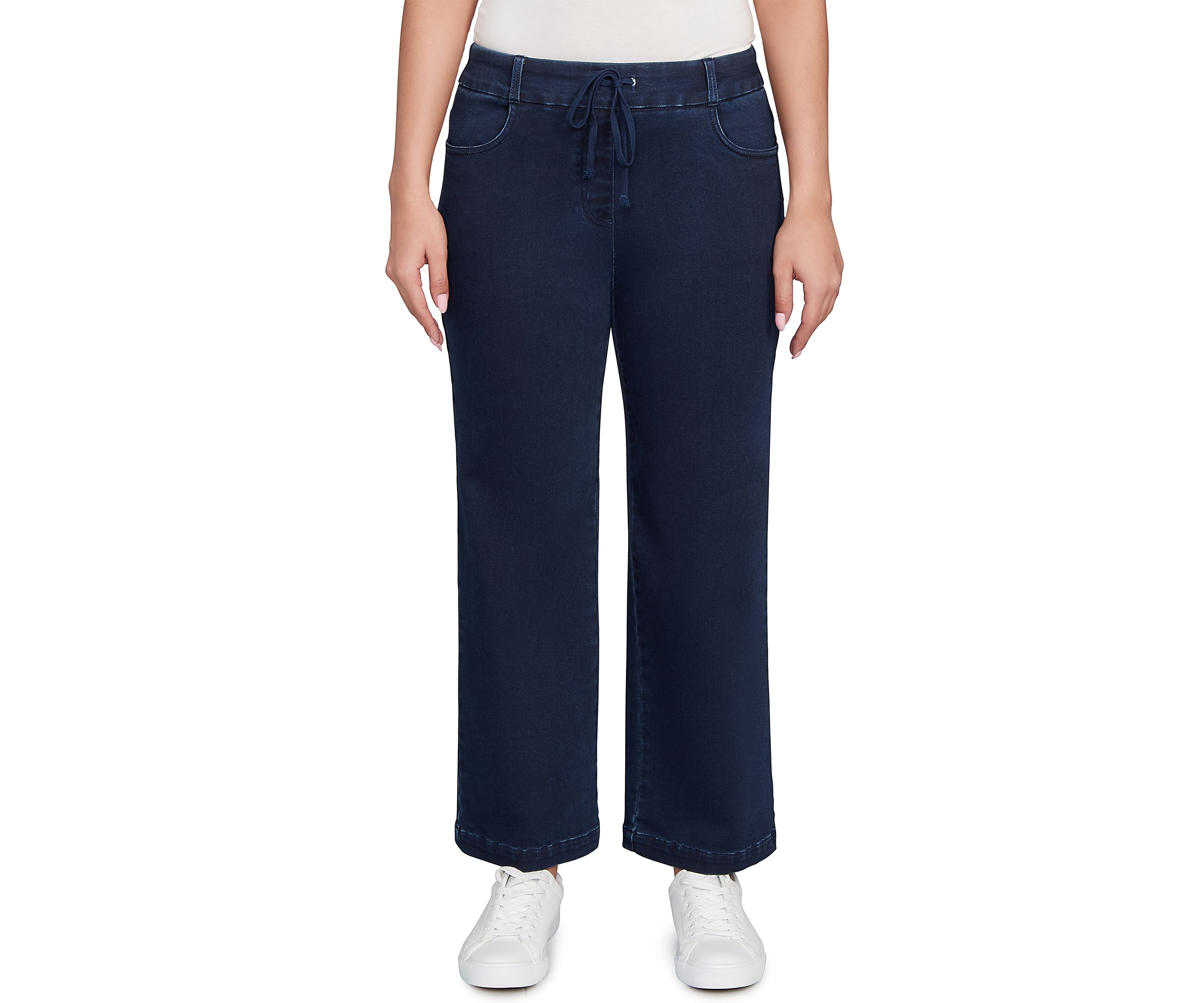 Womens Drawstring Terry Denim Wide Leg Jeans