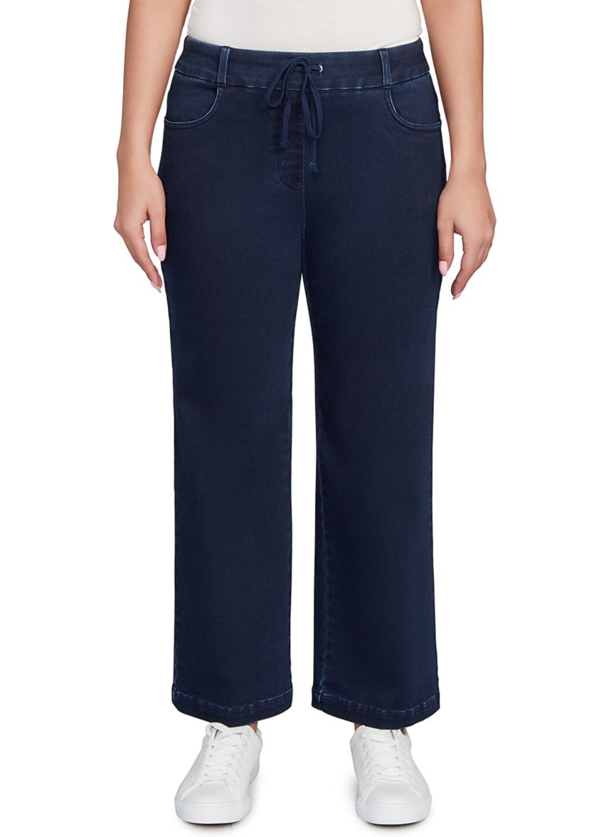 Womens Drawstring Terry Denim Wide Leg Jeans